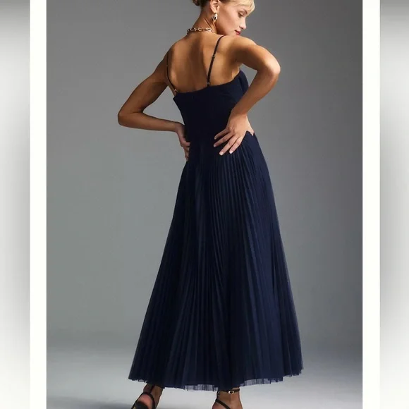 Anthropologie Hutch Amara Corset Pleated Tulle Fit & Flare Midi Dress in Navy - Picture 2 of 10
